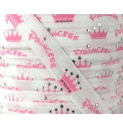 Princess White w/ Pink Foil Crowns 5/8" Fold Over Elastic