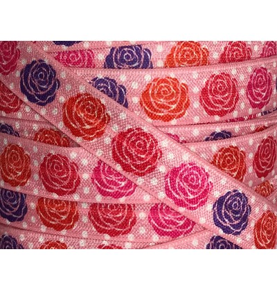 Pink Polka Dots w/ Roses 5/8" Fold Over Elastic