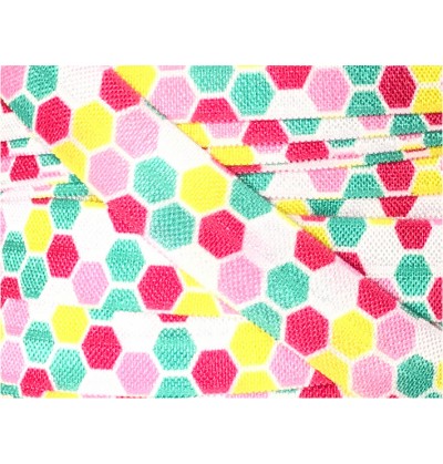 Hexagons Pink / Yellow / Turquoise 5/8" Fold Over Elastic