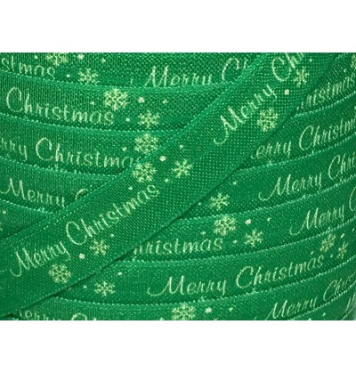 Green w/ White Merry Christmas 5/8" Fold Over Elastic