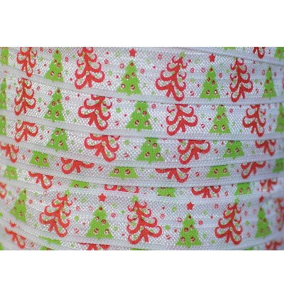 White w/ Christmas Trees 5/8" Fold Over Elastic