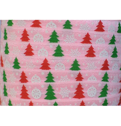 Pink w/ Christmas Trees 5/8" Fold Over Elastic