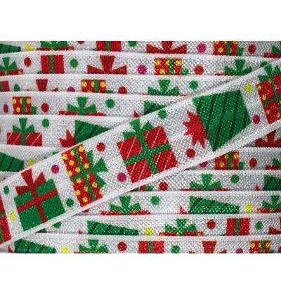 White w/ Christmas Presents 5/8" Fold Over Elastic