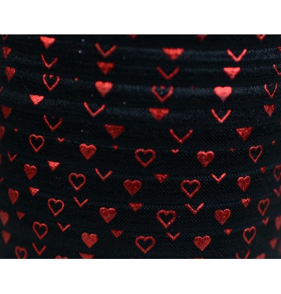 Black w/ Red Foil Hearts 5/8" Fold Over Elastic