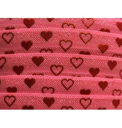 Pink w/ Red Foil Hearts 5/8" Fold Over Elastic