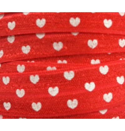 Red w/ White Hearts 5/8" Fold Over Elastic