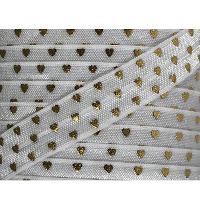 White w/ Gold Foil Hearts 5/8" Fold Over Elastic