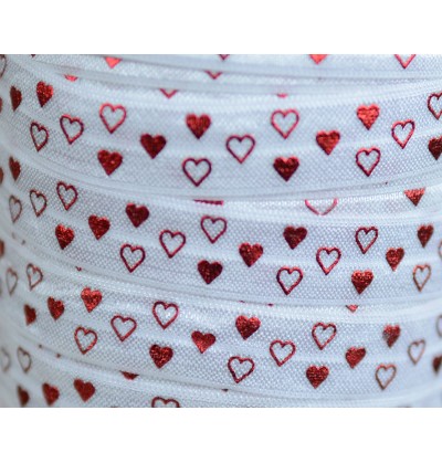 White w/ Red Foil Hearts 5/8" Fold Over Elastic